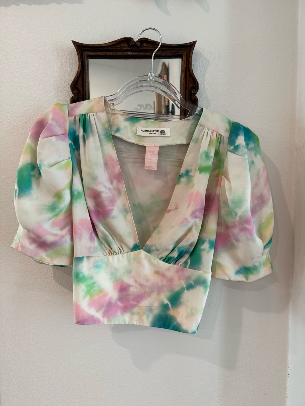 Amanda Uprichard Pastel Tie-Dye V-Neck Crop Top in Pink, Green, Teal